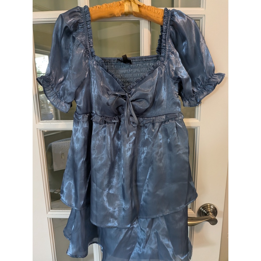 Midnight Doll Blue Iridescent Tiered Ruffle Puff Sleeve Babydoll Dress M